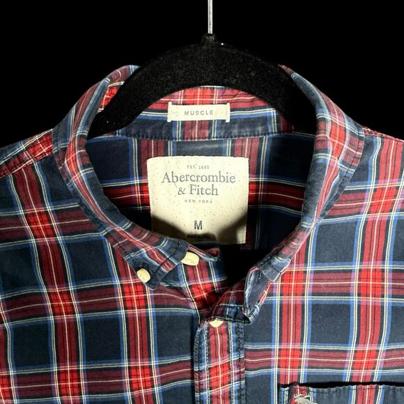 Abercrombie & Fitch Muscle Plaid Button Up Shirt Men's Medium M Red Blue - Picture 2 of 16